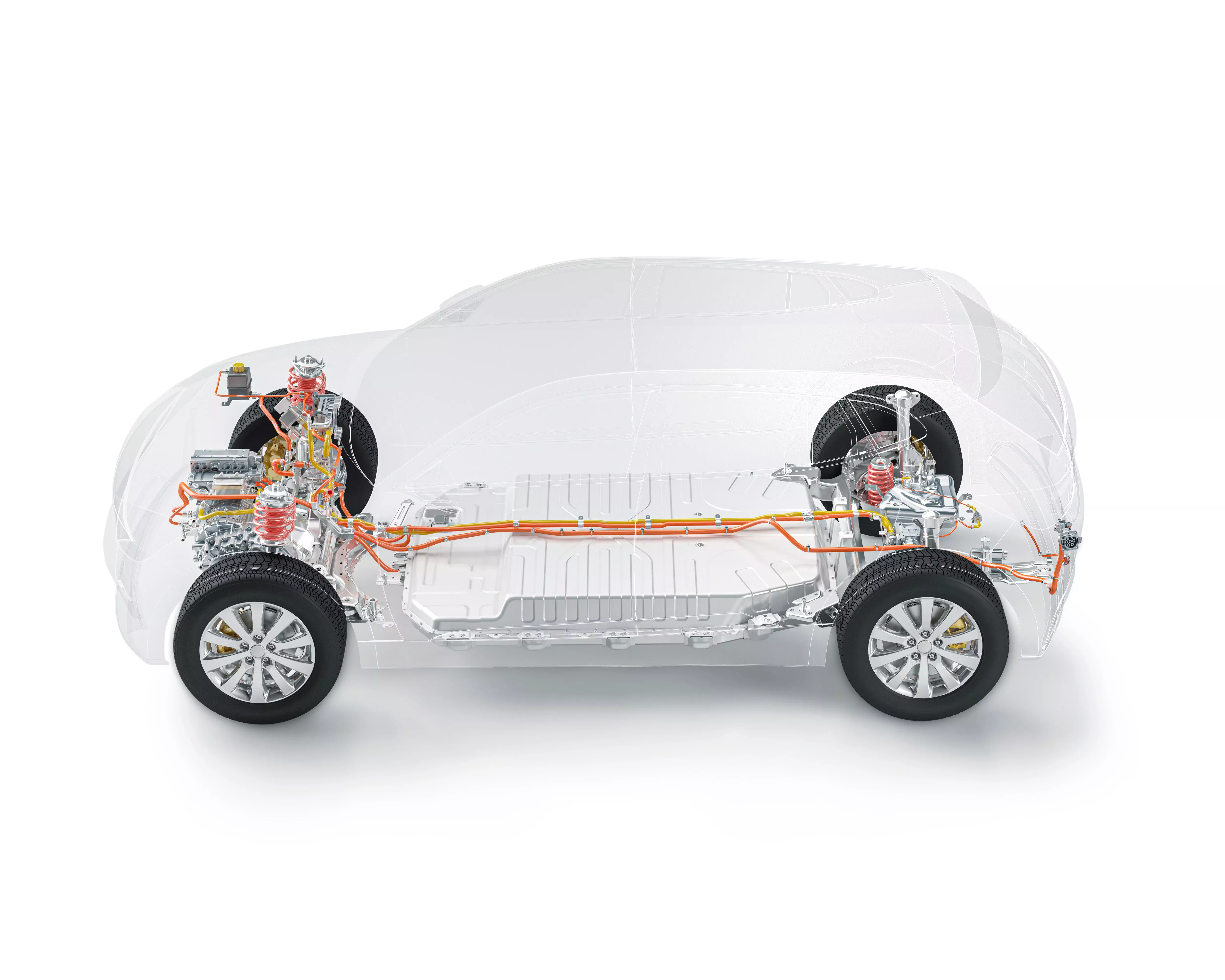 Voiture avec vue sur les composants intérieurs et les pneus