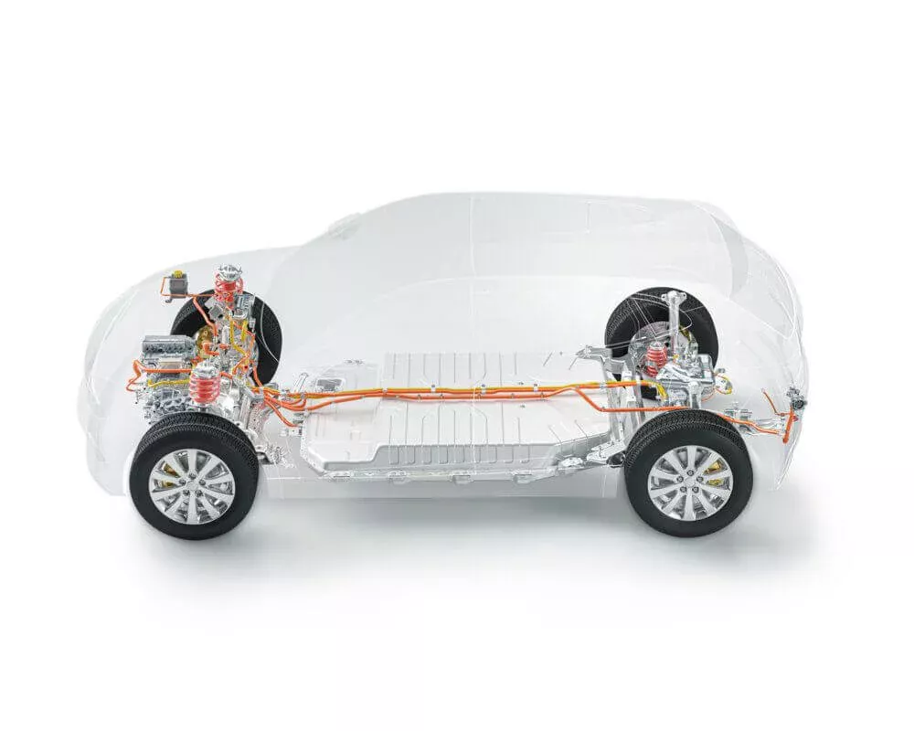 Voiture avec vue sur les composants intérieurs et les pneus